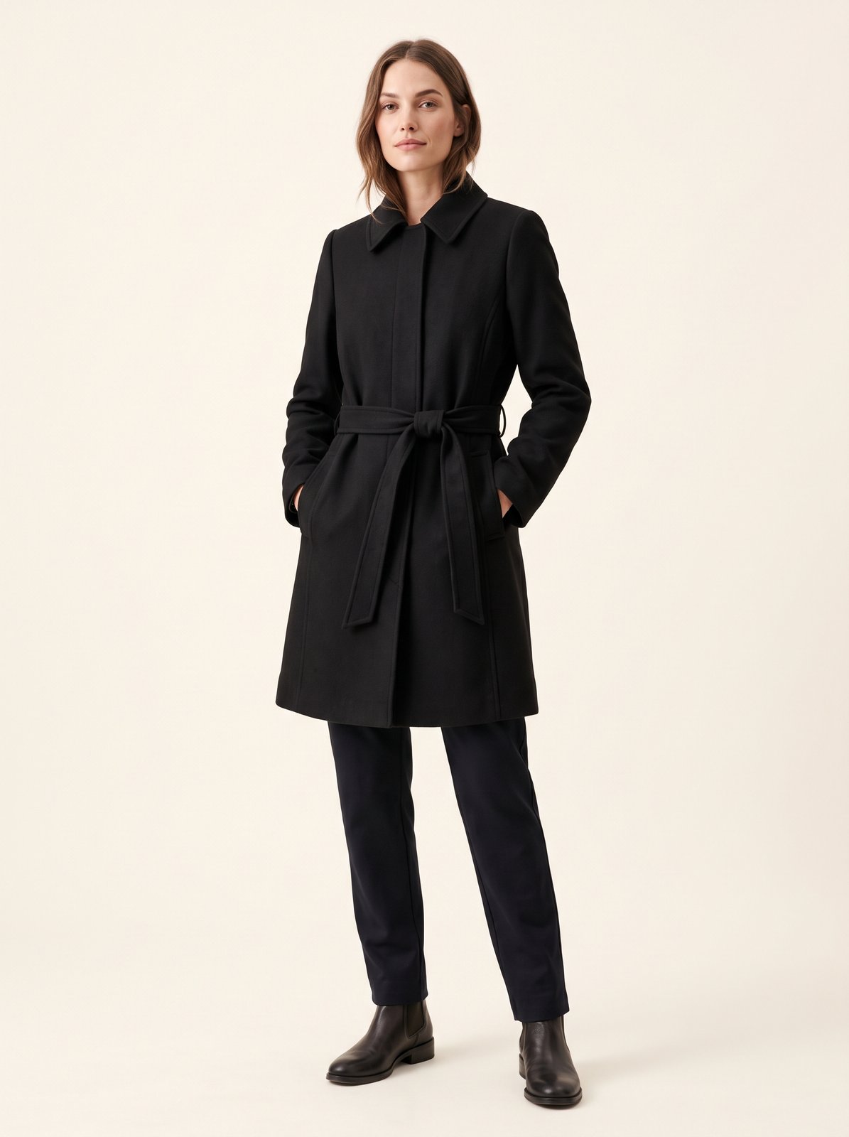 Black short belted trench coat by The Lode Lane