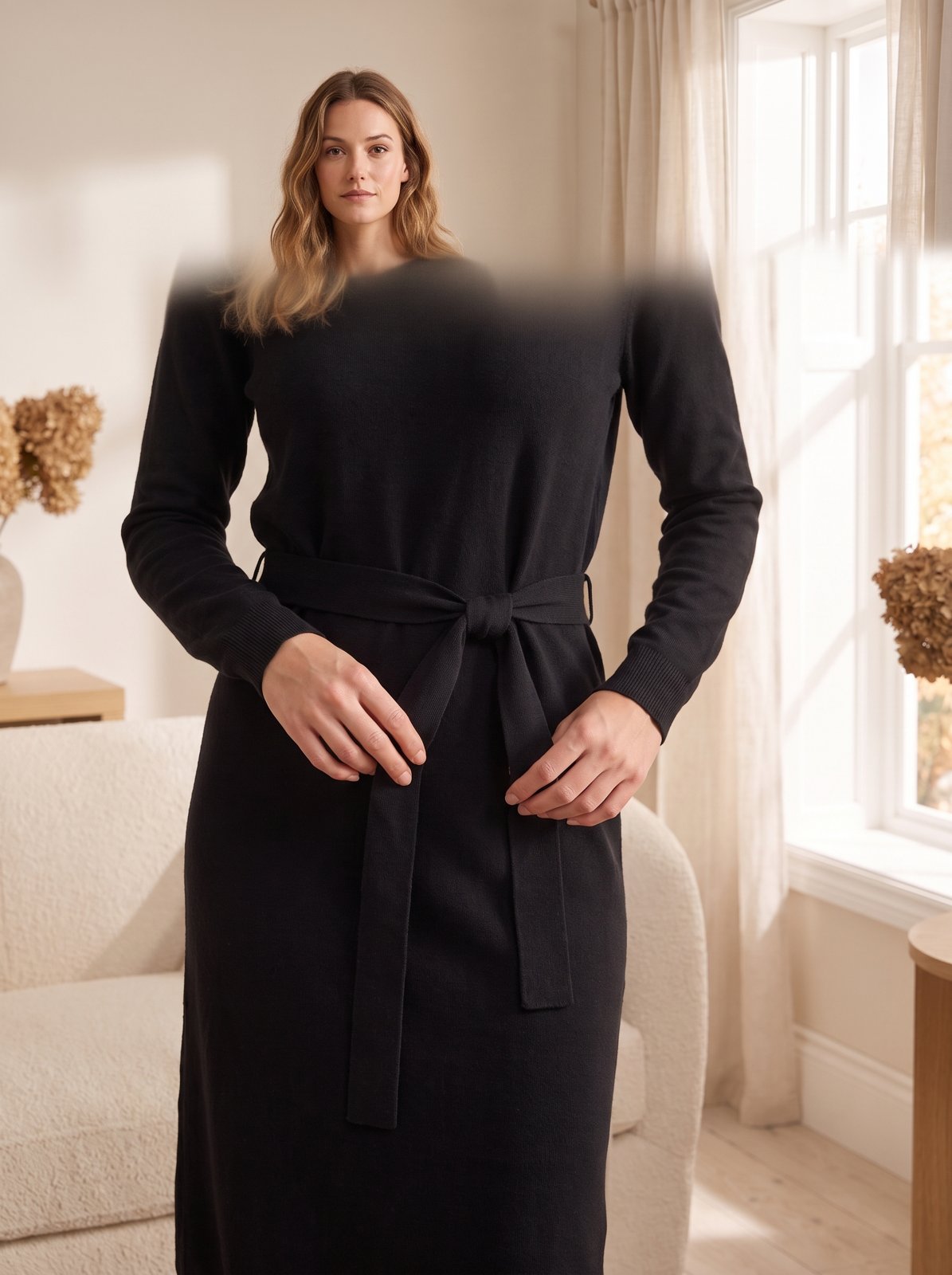 Black Belted Long Sleeve Sweater Dress by The Lode Lane