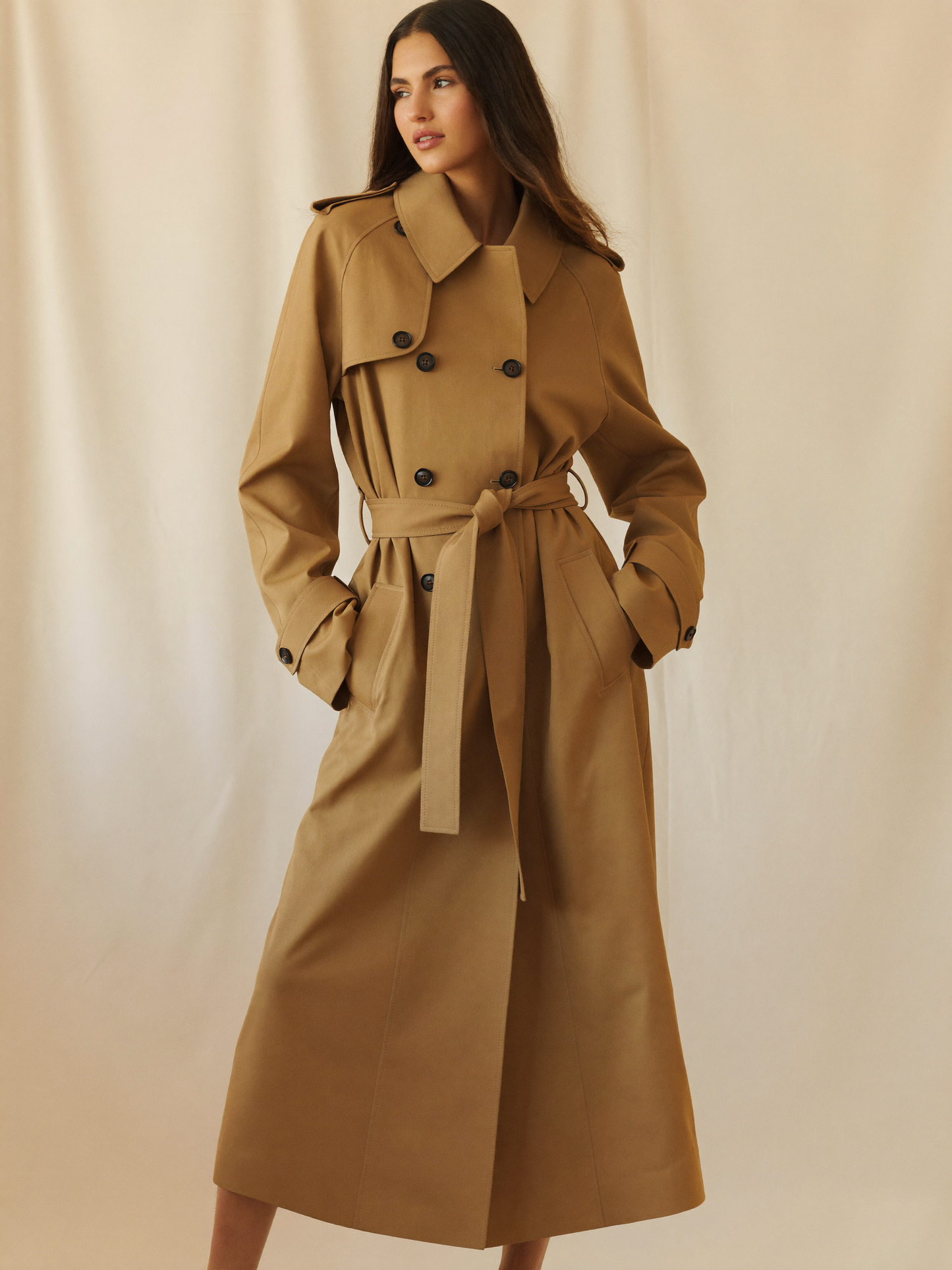 Camel belted double-breasted trench coat by Lode Lane
