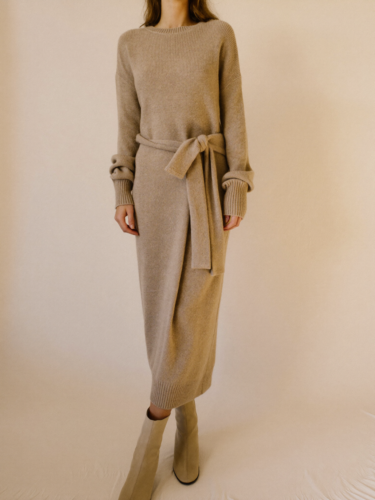 Camel ribbed belted knit sweater midi dress by Lode Lane