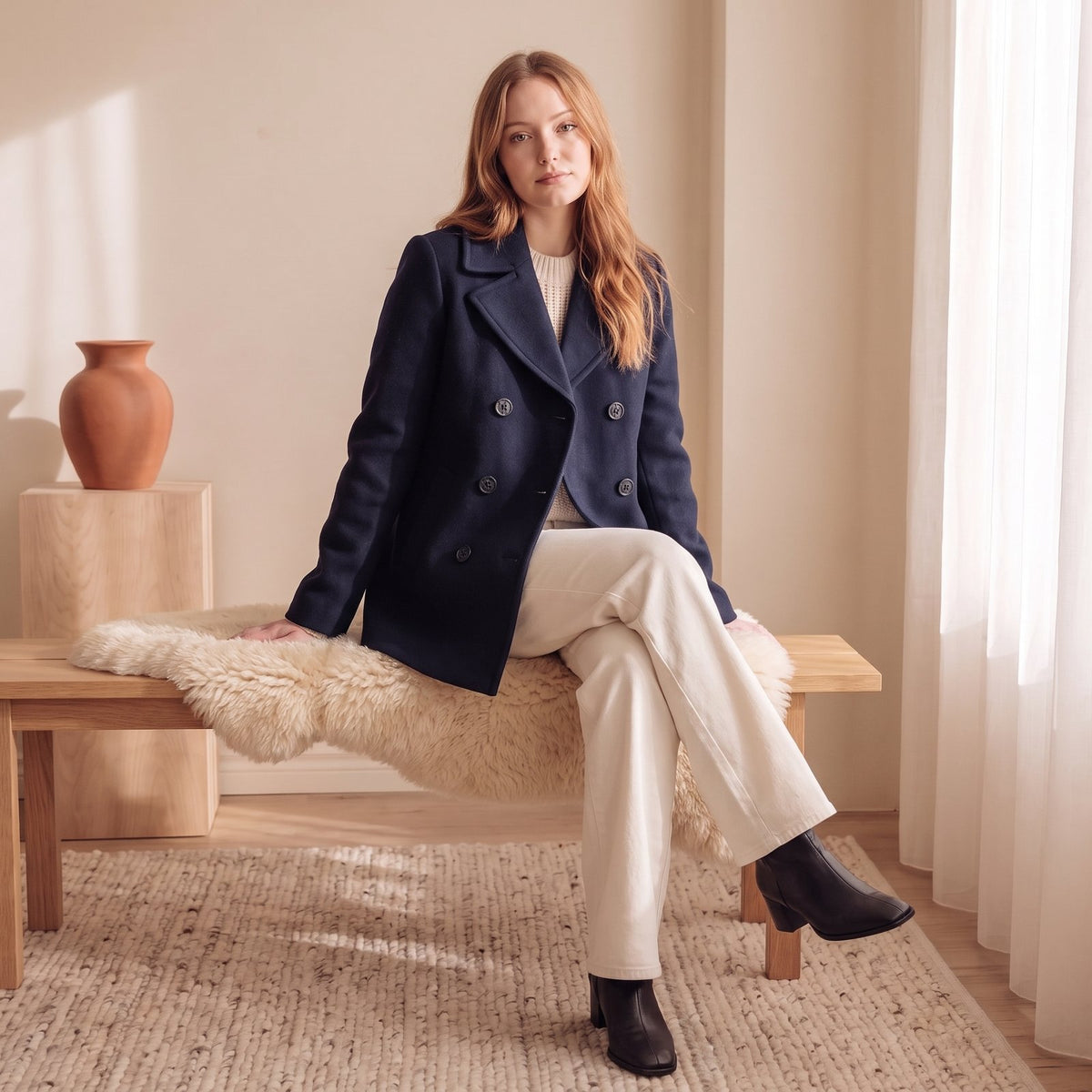 Woman seated wearing navy double-breasted peacoat – The Lode Lane