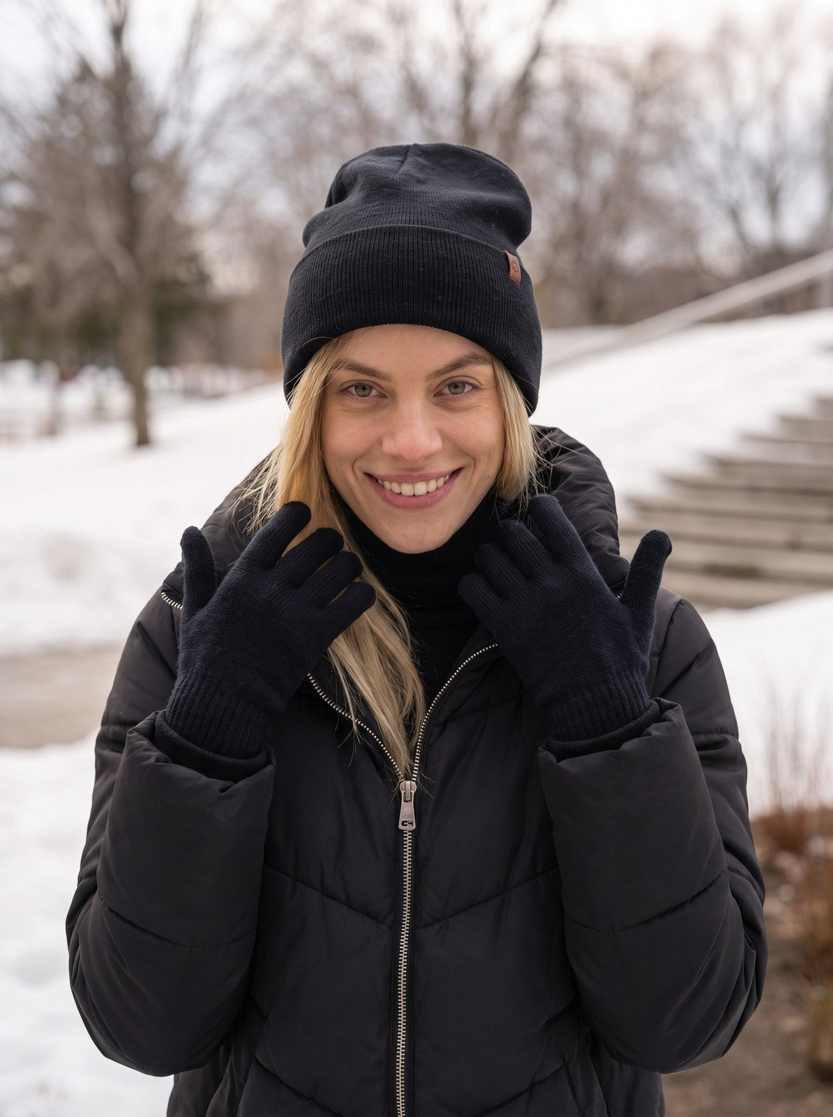 Juliette Cosy Black Knit Gloves and Beanie Set by The Lode Lane