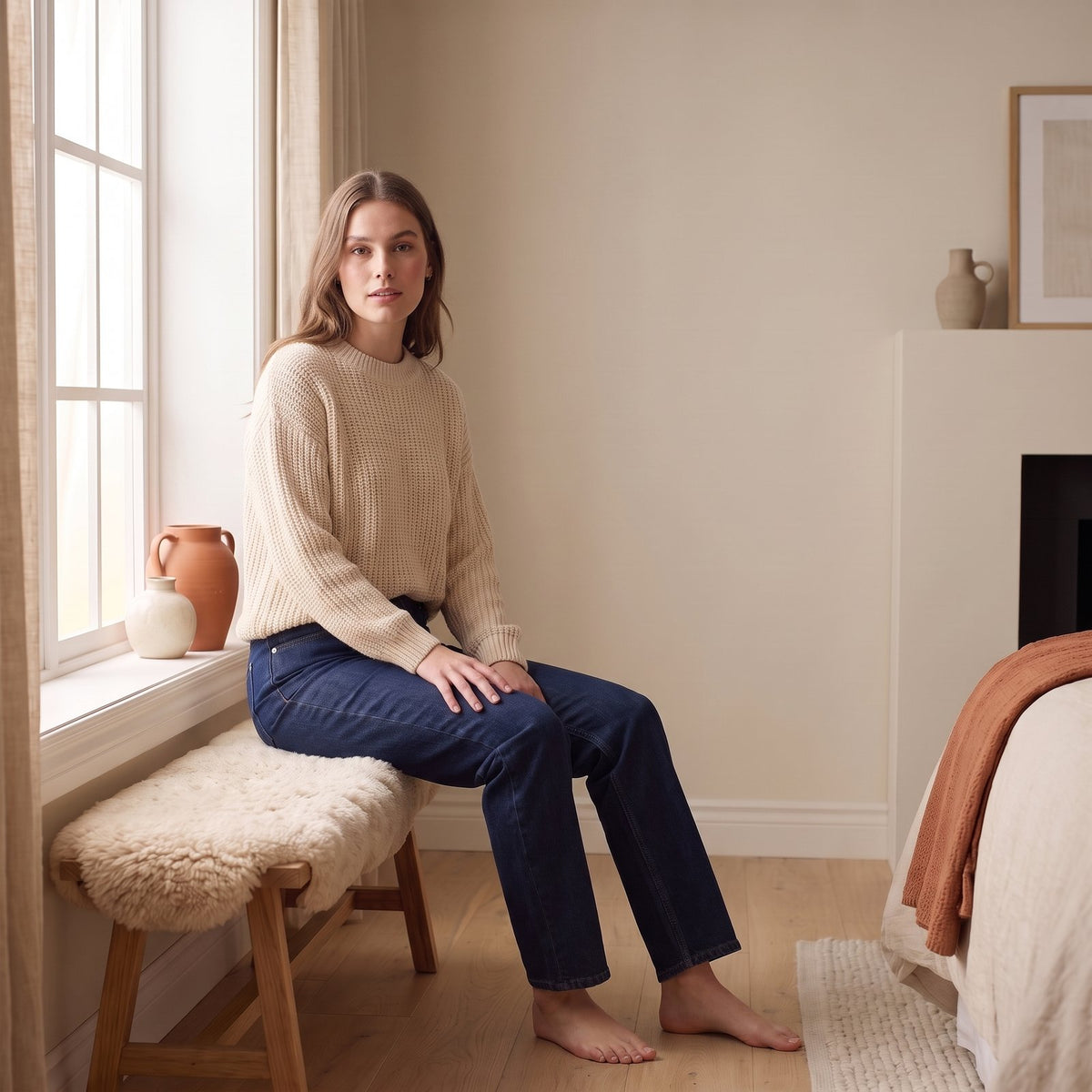 Juno dark wash straight leg jeans seated by The Lode Lane