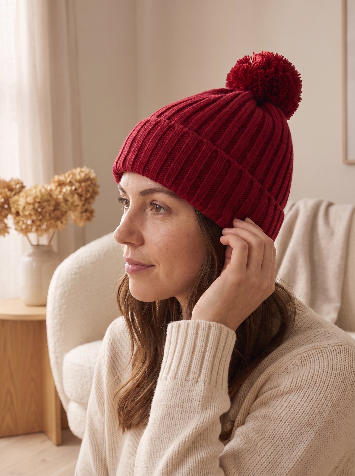 Cherry Red Pom Beanie Hat by The Lode Lane