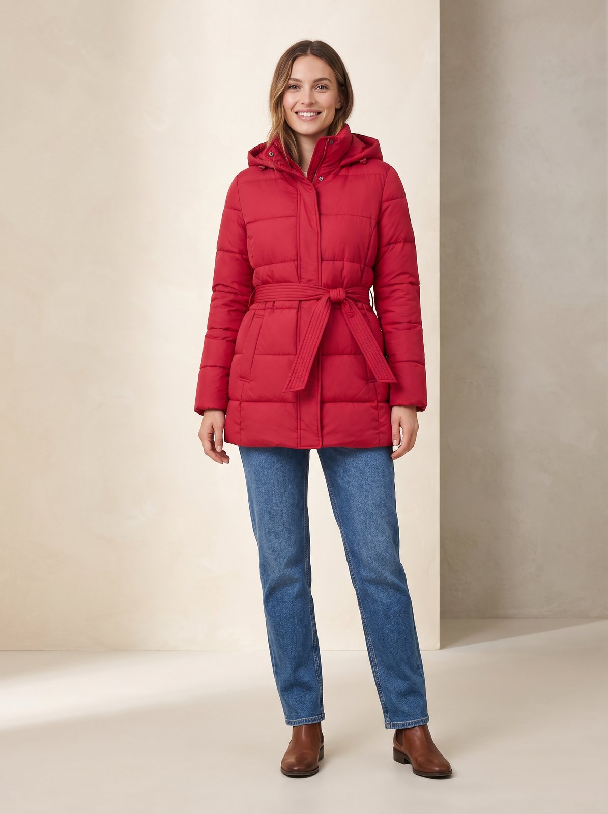 Cherry red belted hooded puffer jacket by Lode Lane