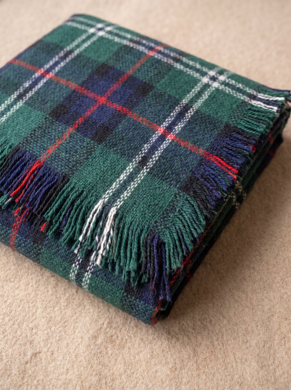 Giselle Green Plaid Blanket Scarf - tartan weave and fringe detail