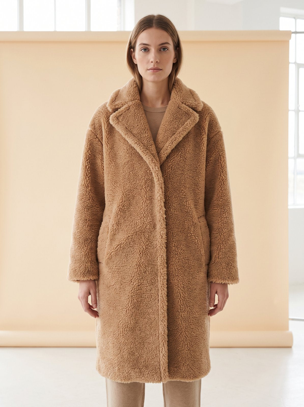 Camel oversized teddy coat by Lode Lane