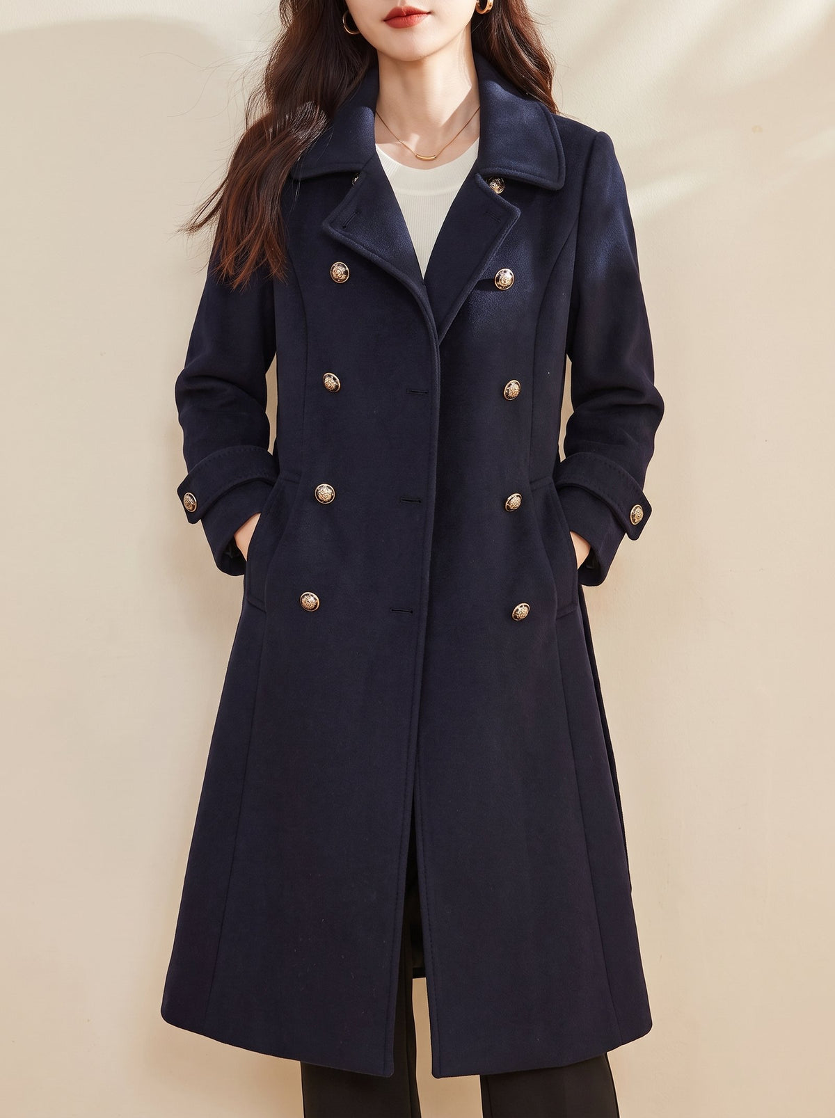 Ines navy double-breasted wool coat with gold buttons, front