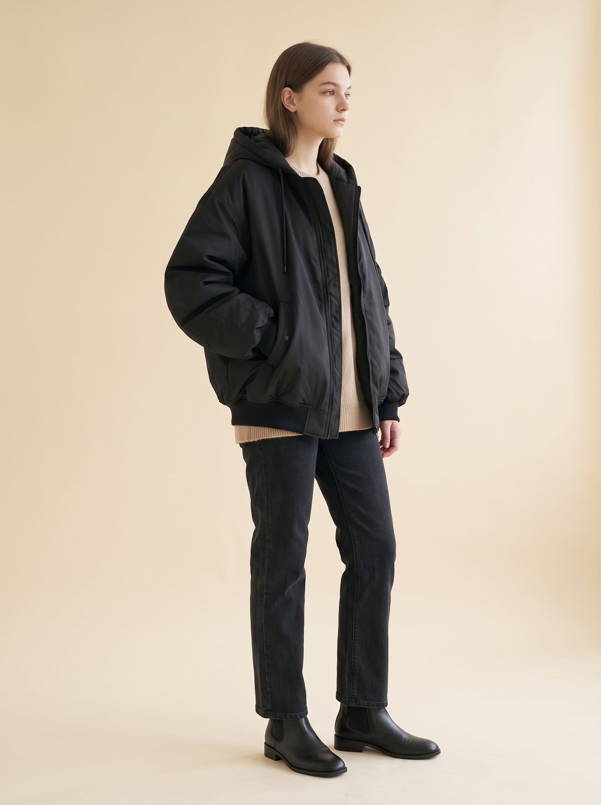 Cassia Black Oversized Hooded Bomber Jacket - three-quarter side view
