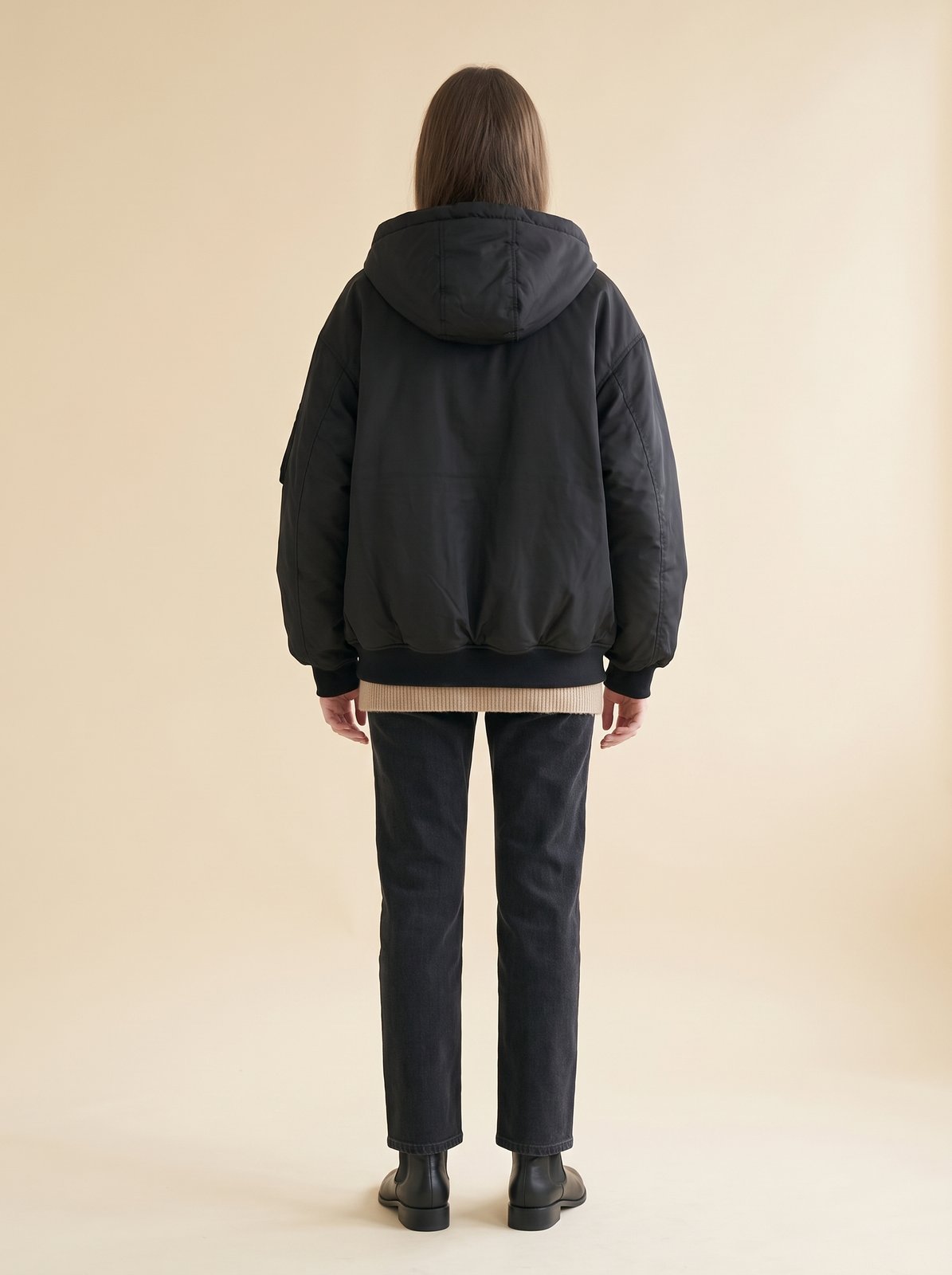 Cassia Black Oversized Hooded Bomber Jacket - back view