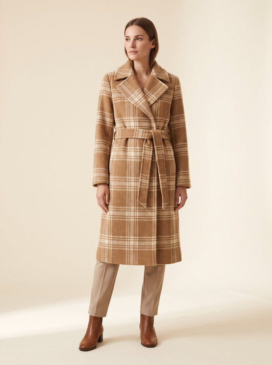 Astrid camel plaid belted winter coat by Lode Lane