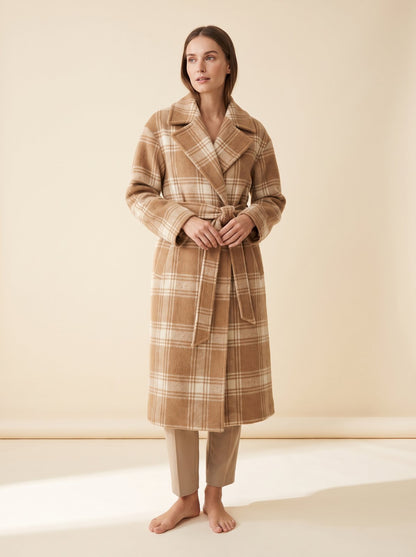 Astrid camel plaid belted winter coat by Lode Lane