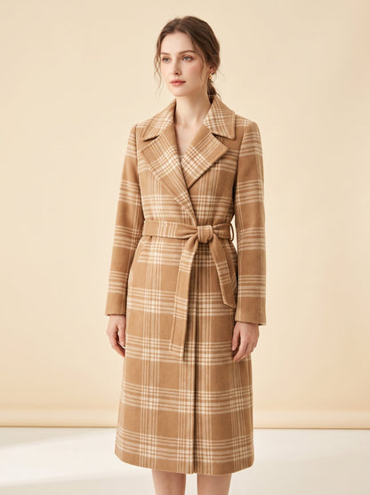 Astrid camel plaid belted winter coat by Lode Lane
