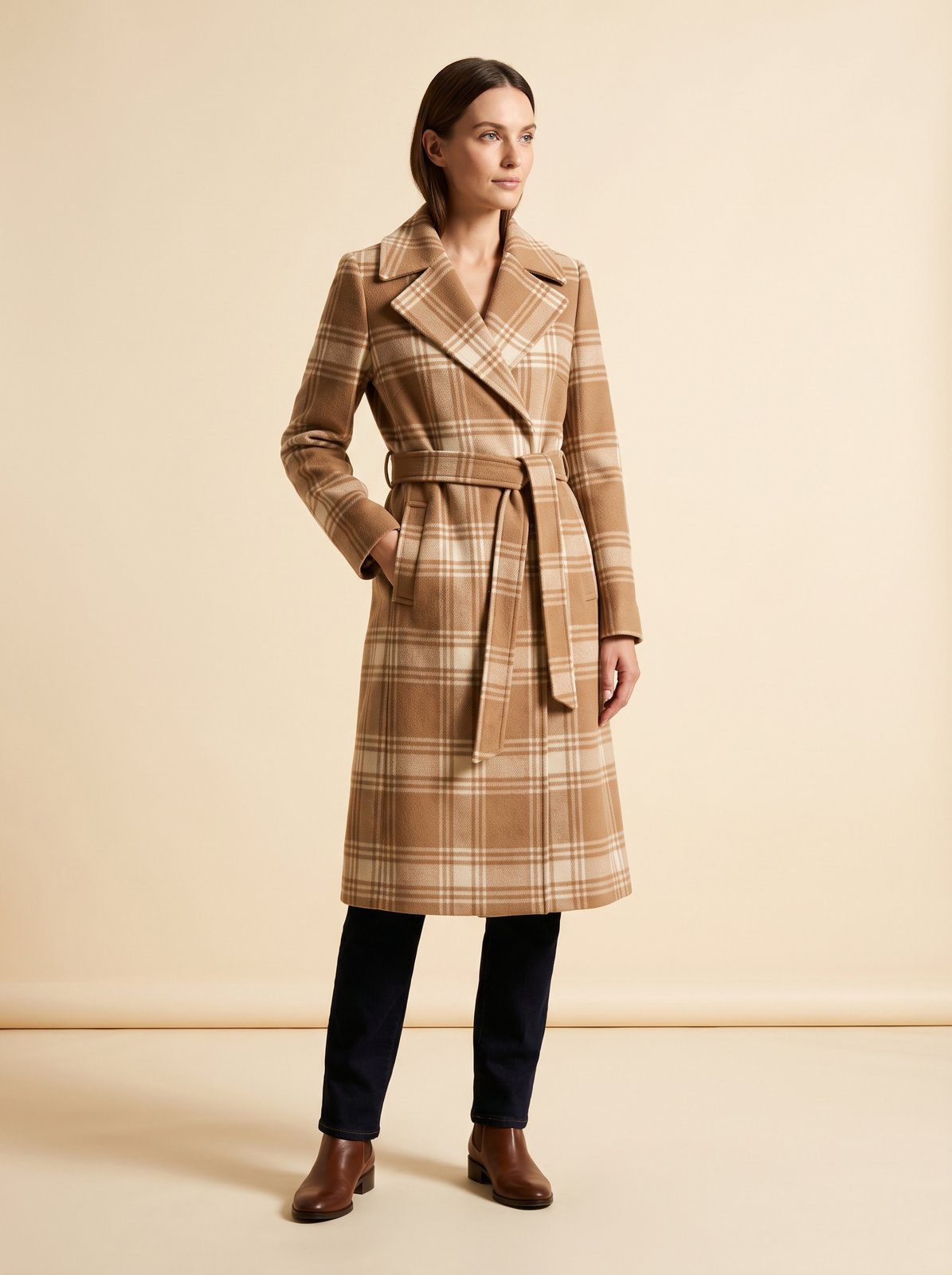 Astrid camel plaid belted winter coat by Lode Lane