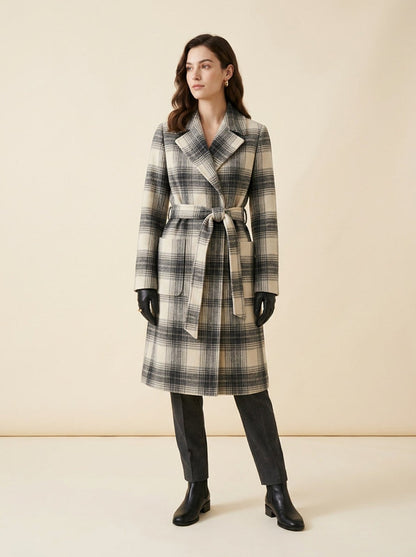 Astrid grey plaid belted winter coat by Lode Lane