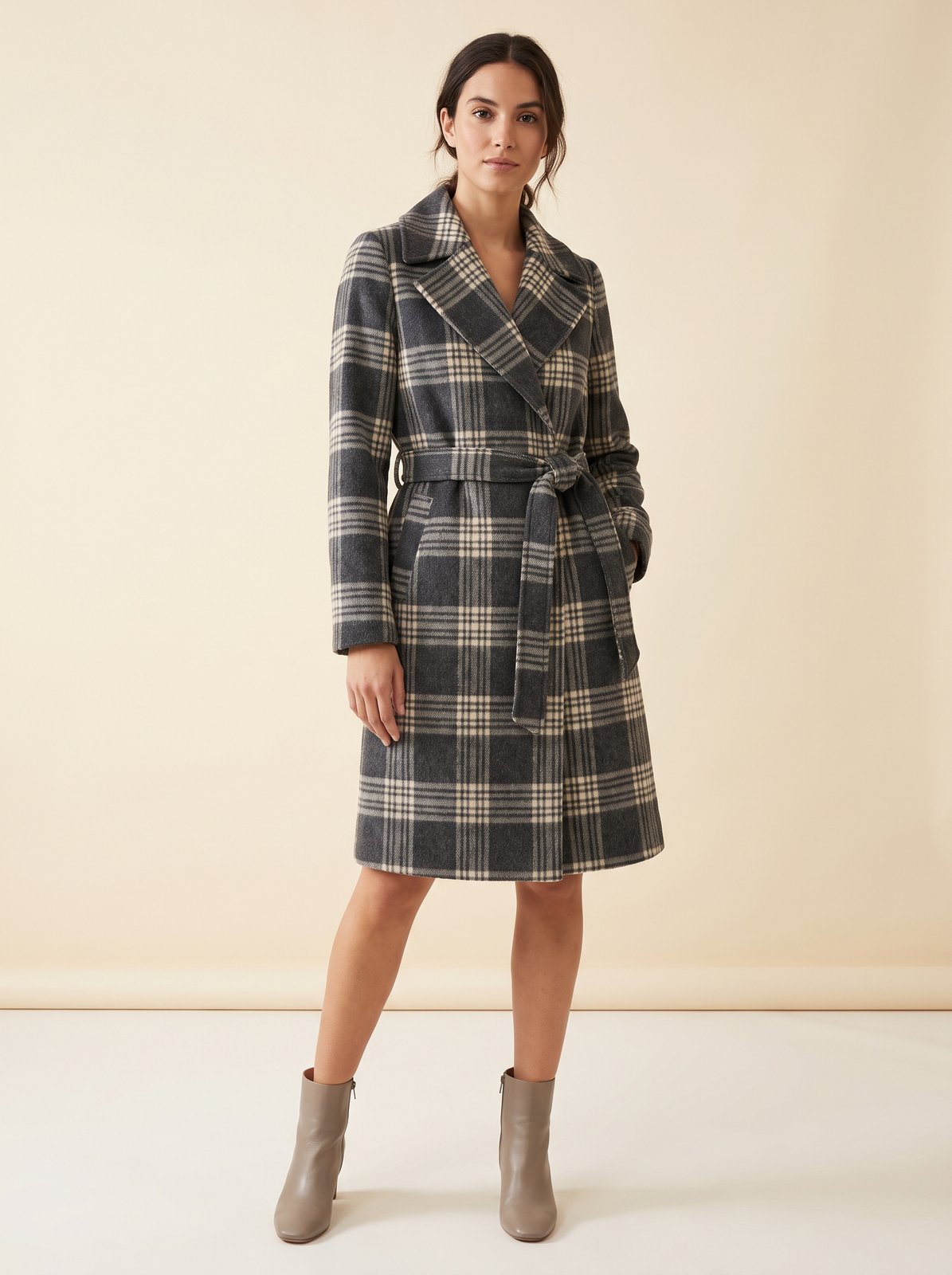 Astrid grey plaid belted winter coat by Lode Lane