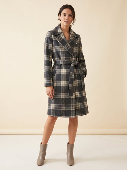Astrid grey plaid belted winter coat by Lode Lane