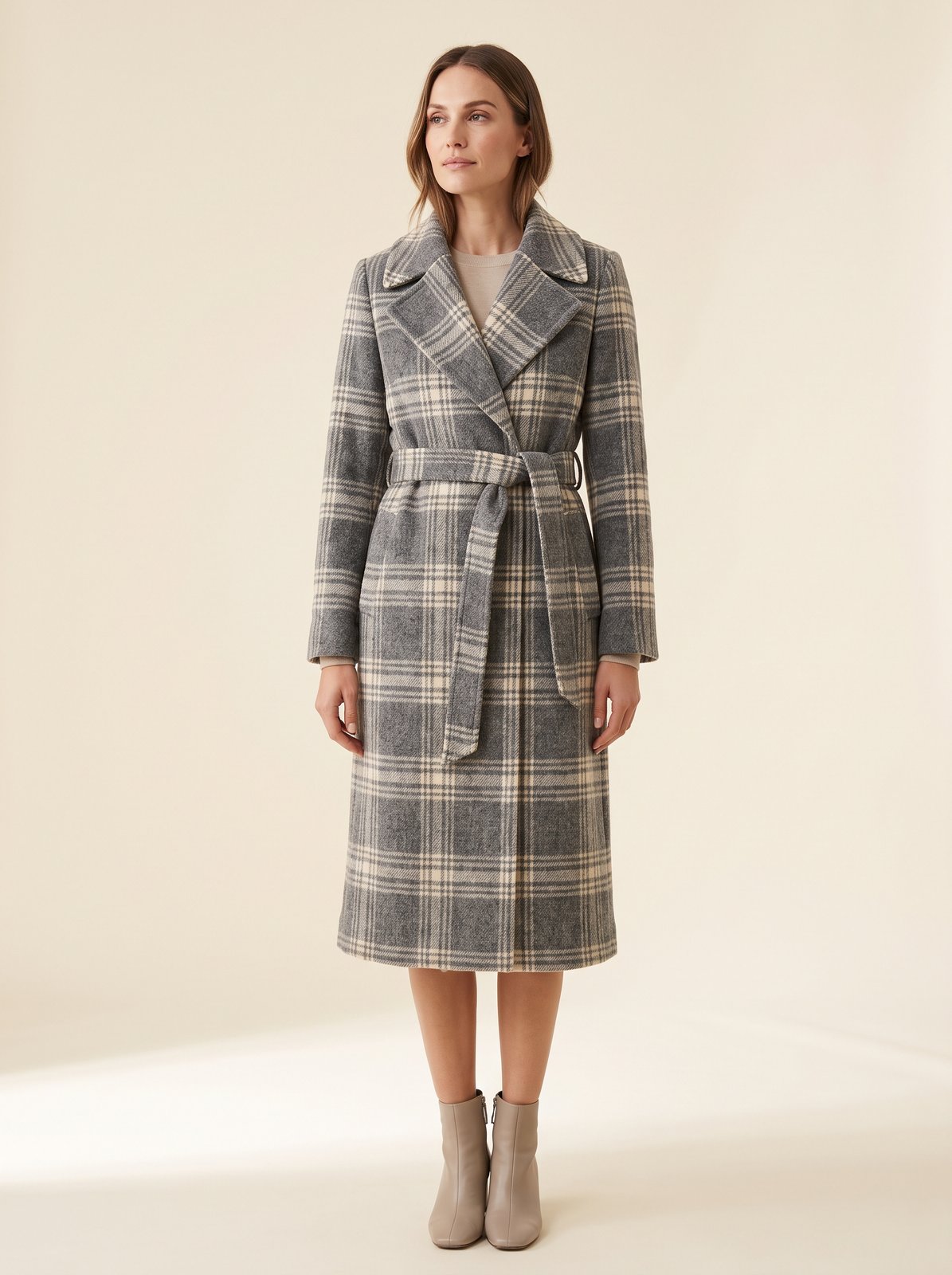 Astrid grey plaid belted winter coat by Lode Lane
