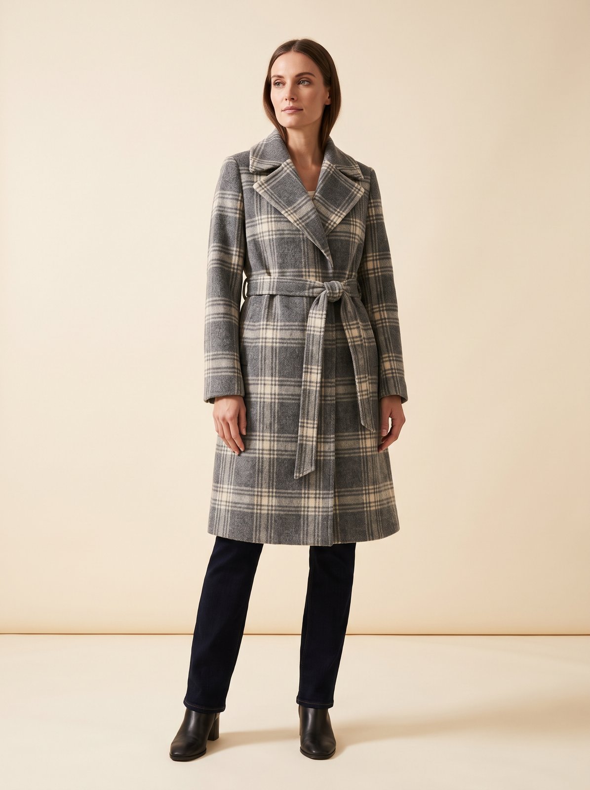 Astrid grey plaid belted winter coat by Lode Lane