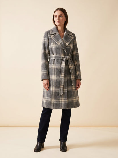 Astrid grey plaid belted winter coat by Lode Lane
