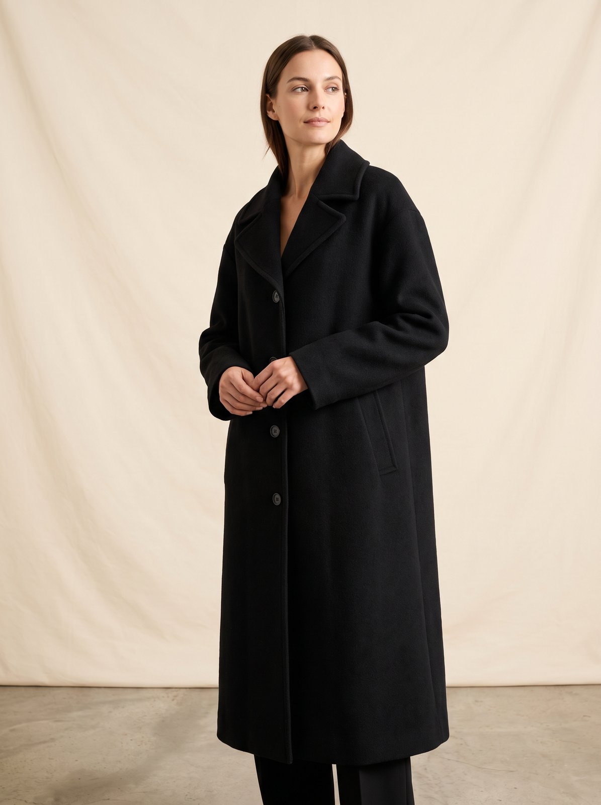 Britta black collared longline winter coat by Lode Lane