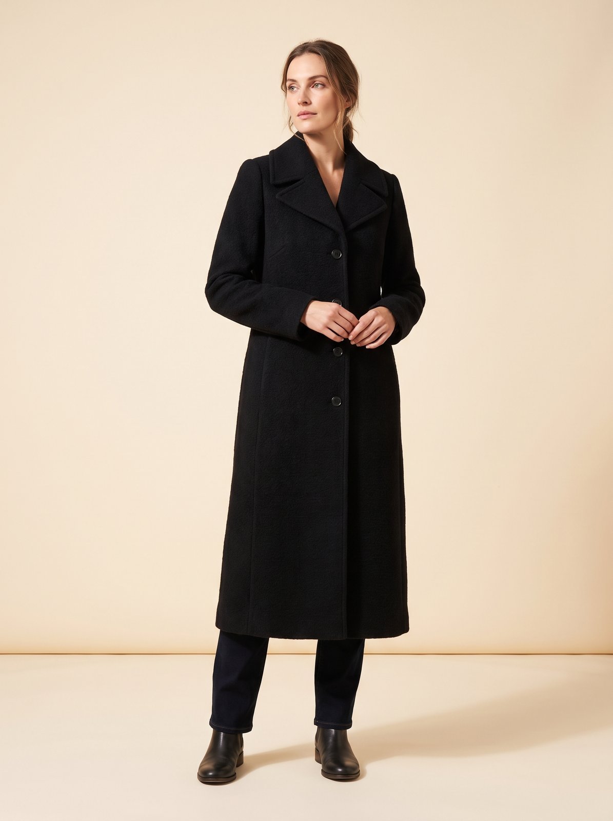 Britta black collared longline winter coat by Lode Lane