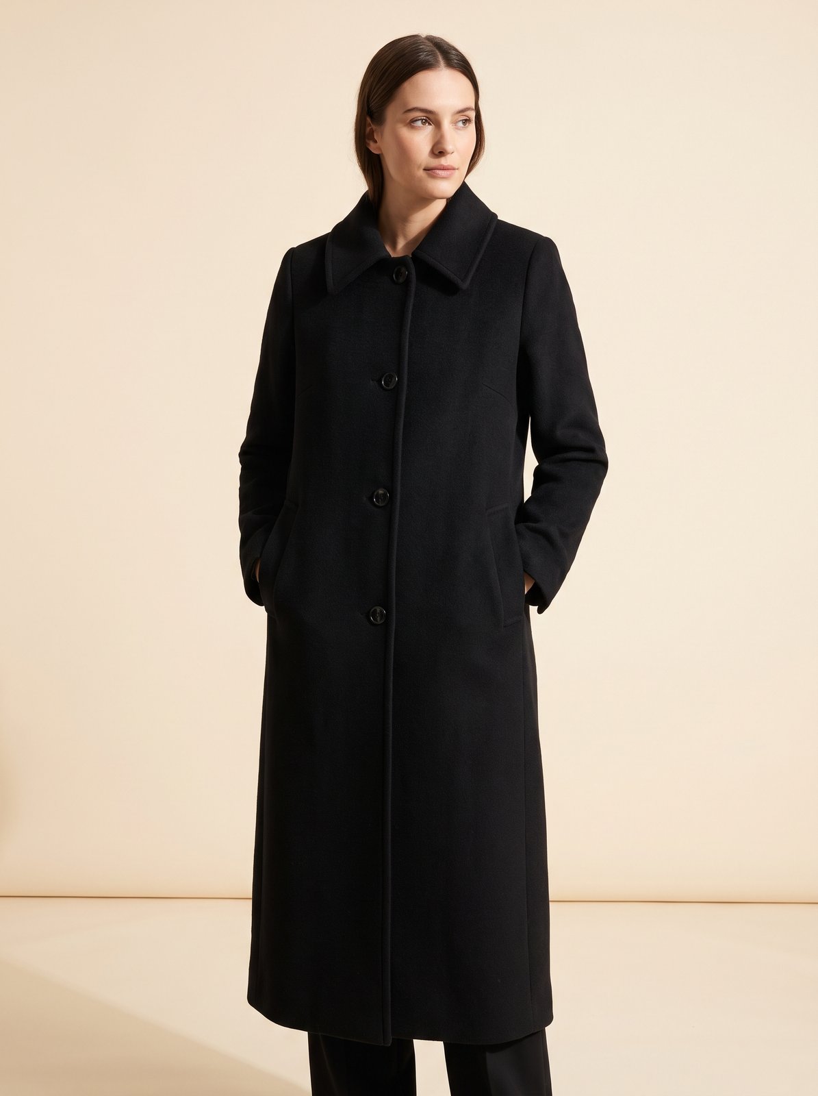 Britta black collared longline winter coat by Lode Lane