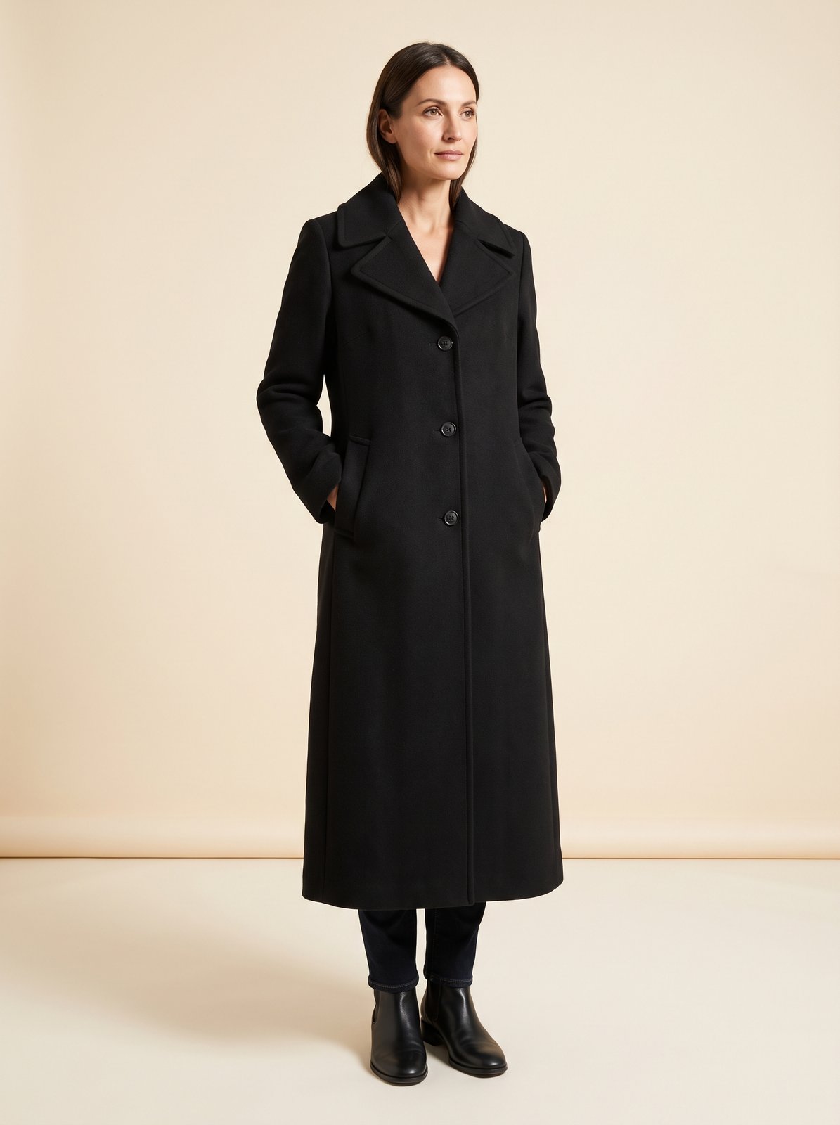 Britta black collared longline winter coat by Lode Lane