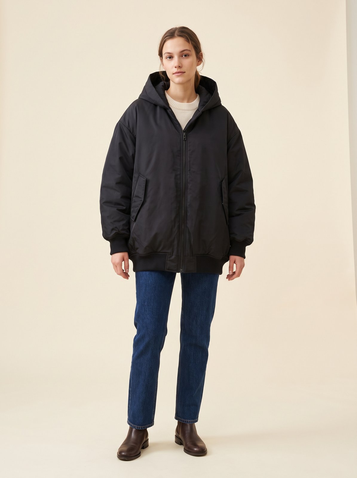 Black oversized hooded bomber jacket by Lode Lane