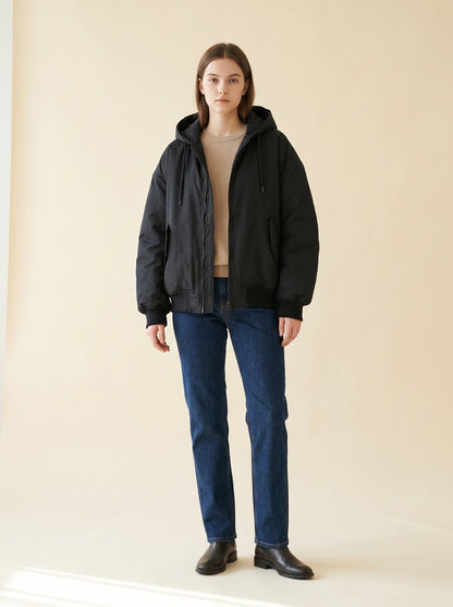 Black oversized hooded bomber jacket by Lode Lane