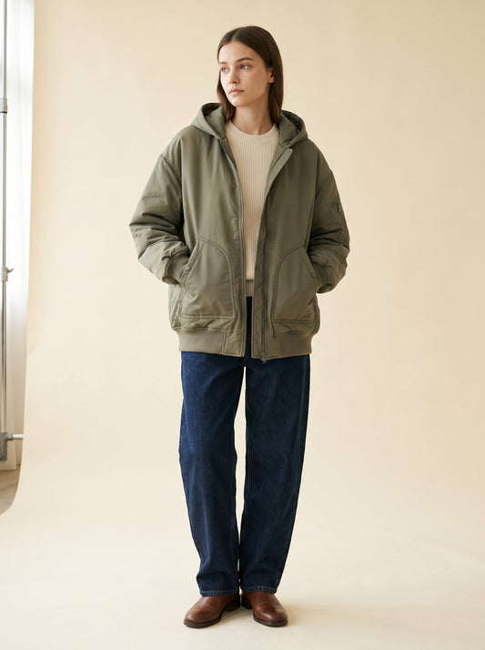 Olive oversized hooded bomber jacket by Lode Lane