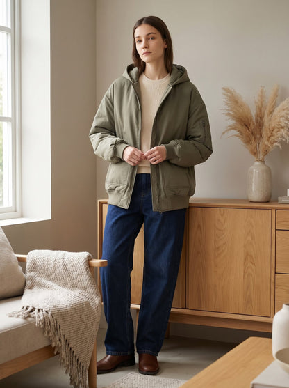 Cassia Cool Olive Oversized Hooded Bomber Jacket