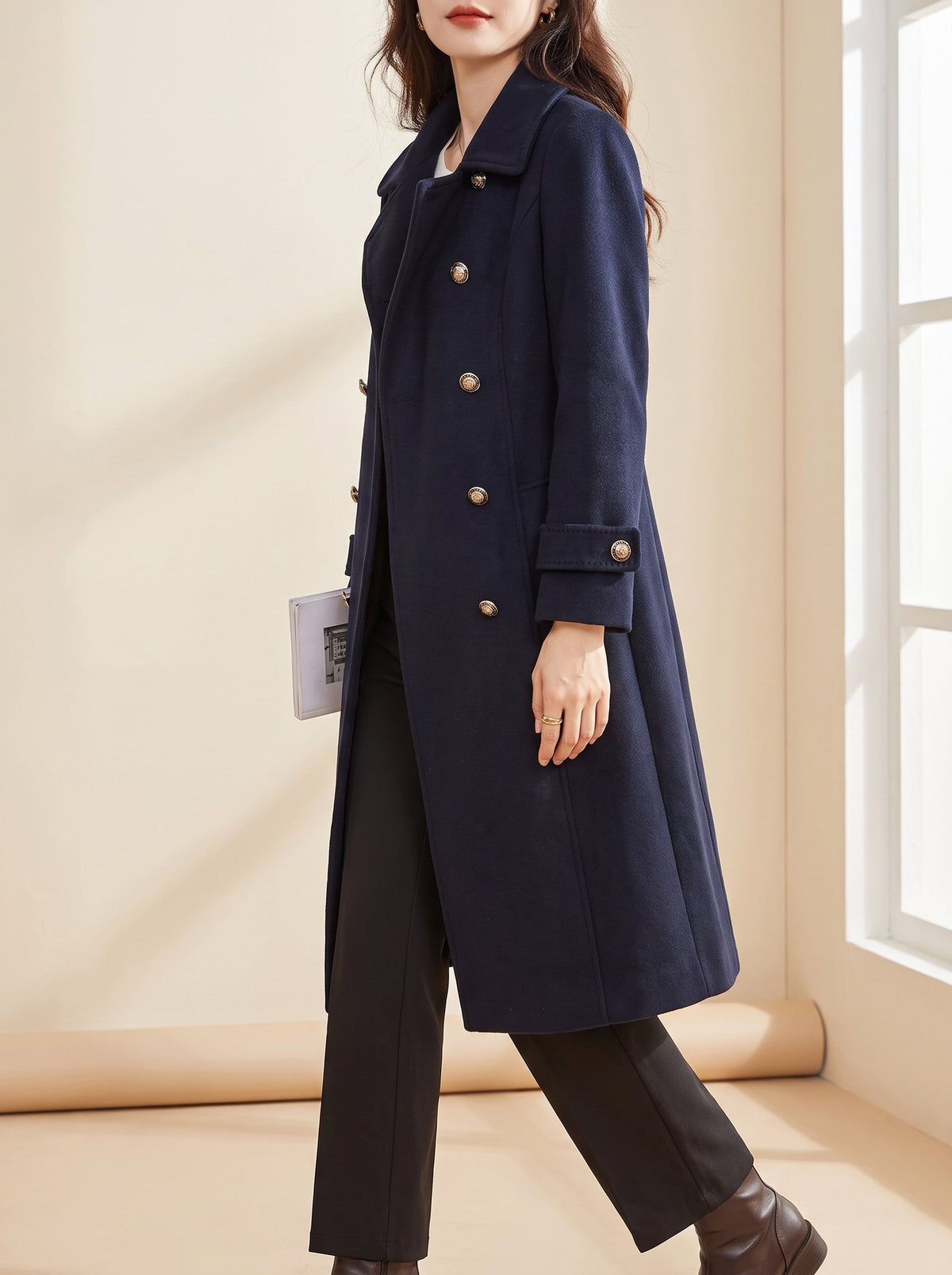 Ines navy double-breasted wool coat with gold buttons, side