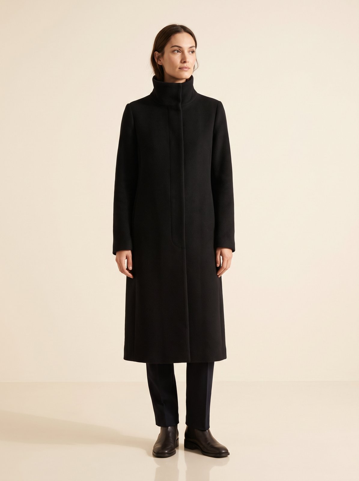 Clara black funnel neck long winter coat by Lode Lane