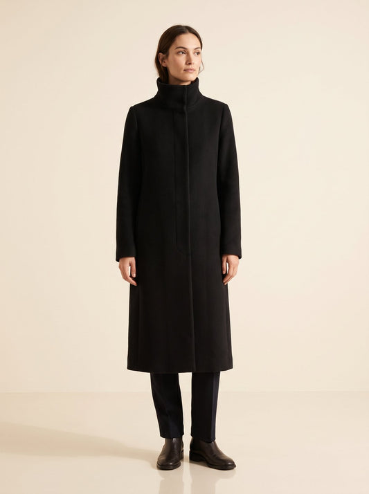 Clara black funnel neck long winter coat by Lode Lane