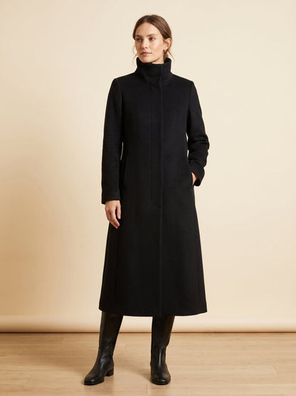 Clara black funnel neck long winter coat by Lode Lane