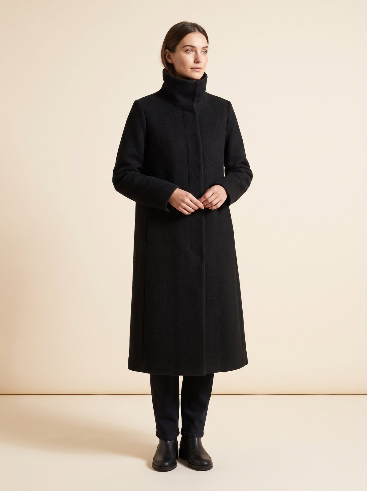 Clara black funnel neck long winter coat by Lode Lane