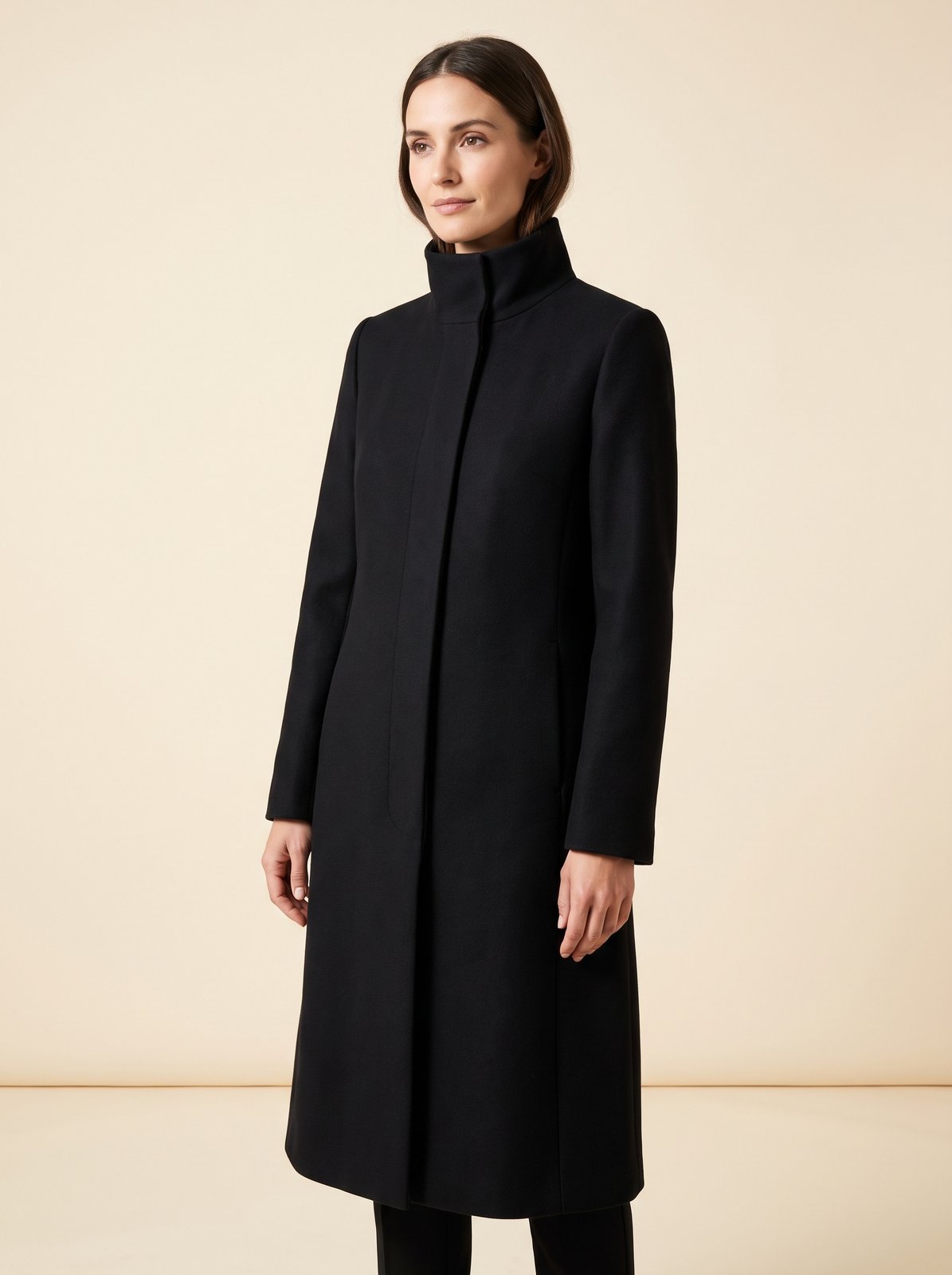 Clara black funnel neck long winter coat by Lode Lane