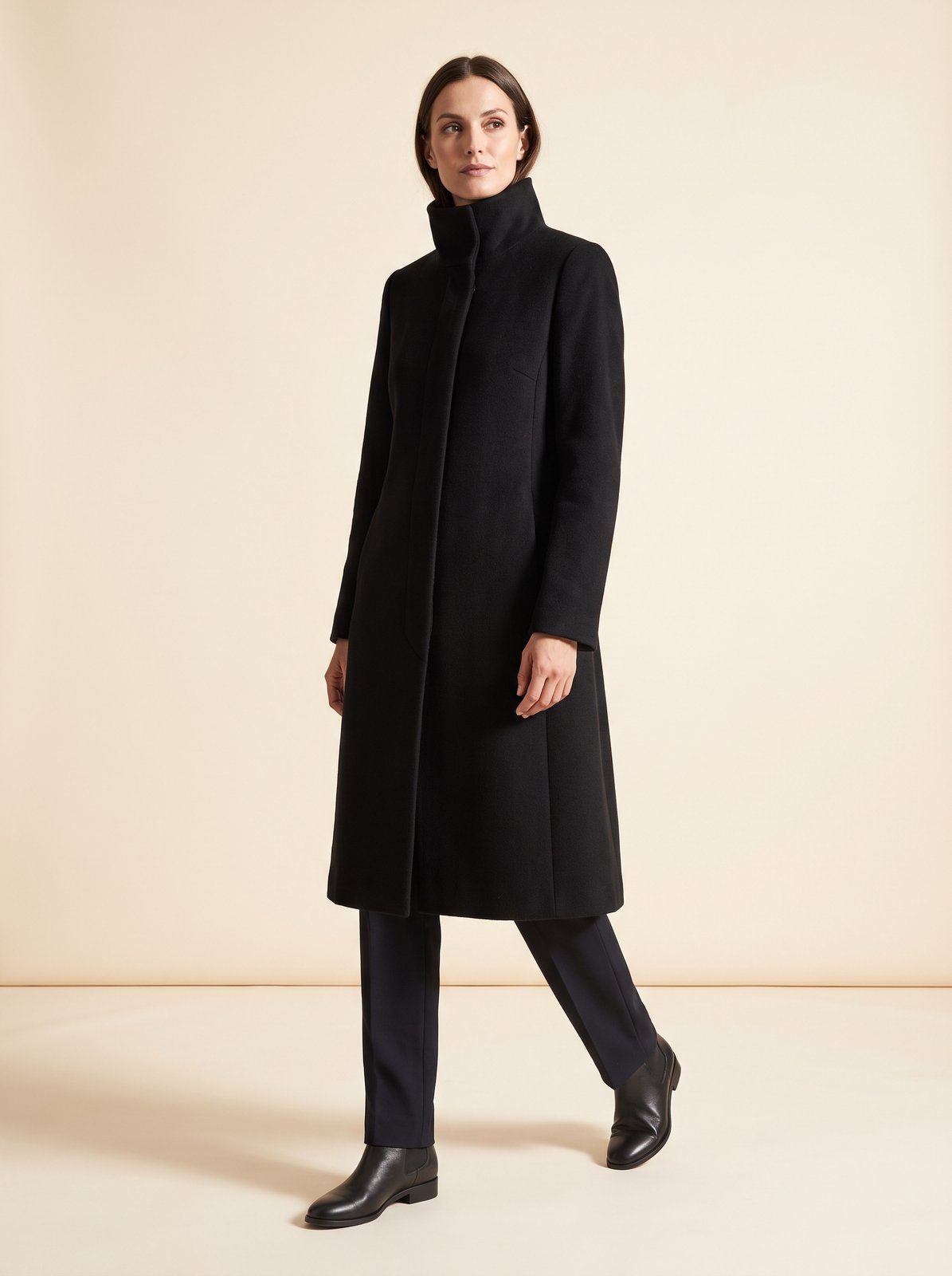 Clara black funnel neck long winter coat by Lode Lane