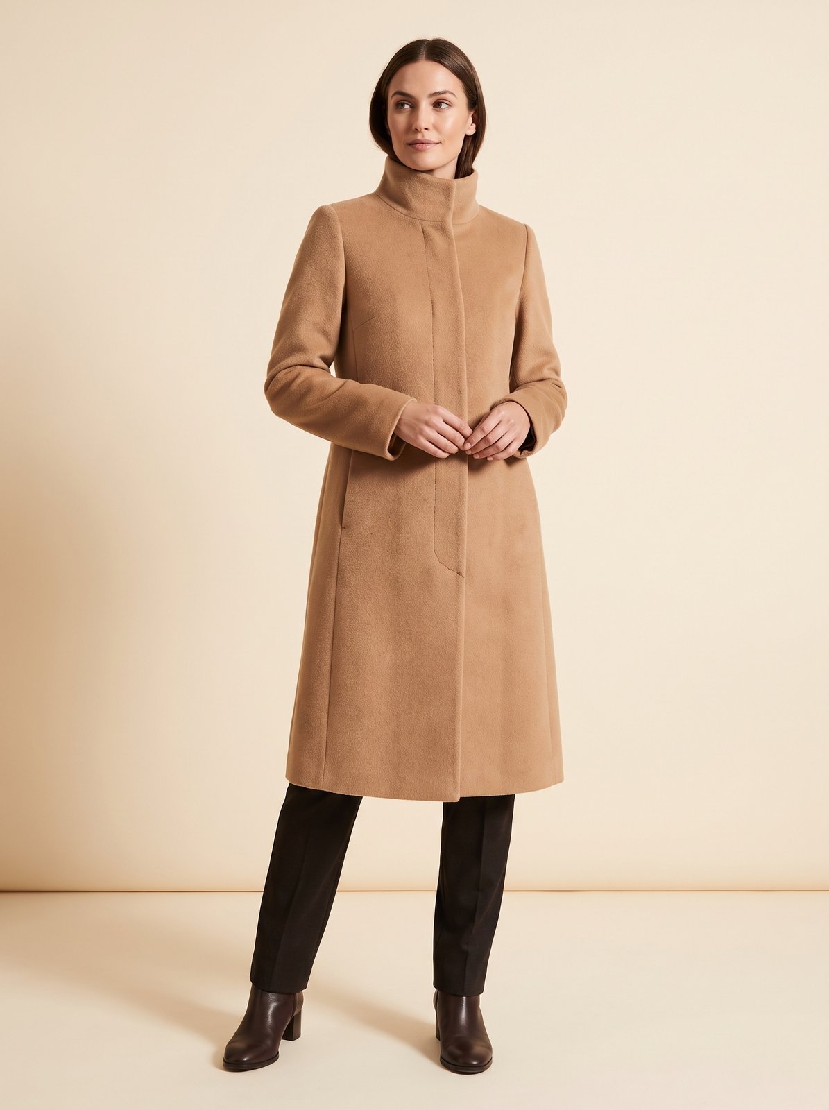 Clara camel funnel neck long winter coat by Lode Lane