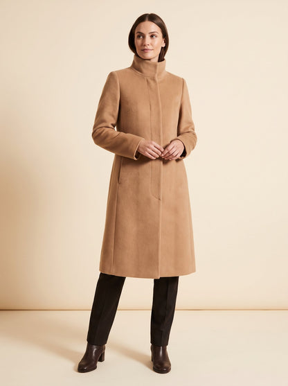 Clara camel funnel neck long winter coat by Lode Lane