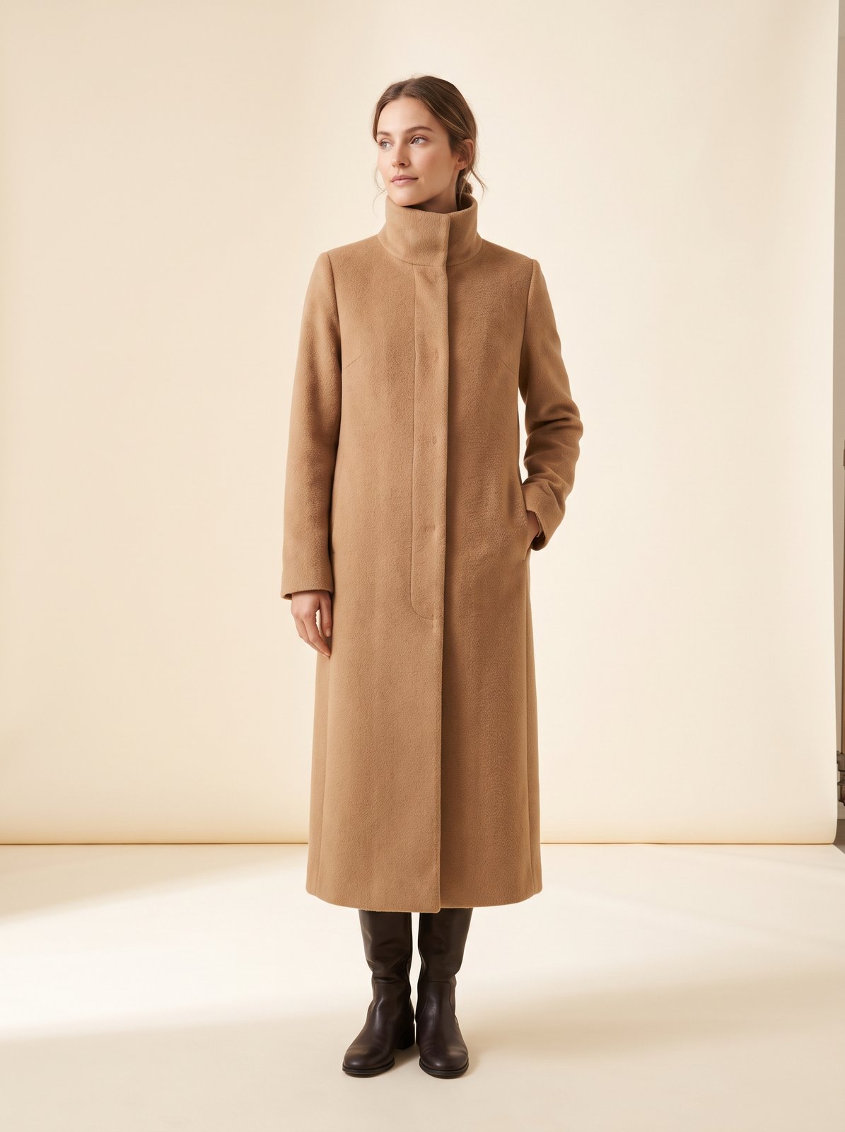 Clara camel funnel neck long winter coat by Lode Lane