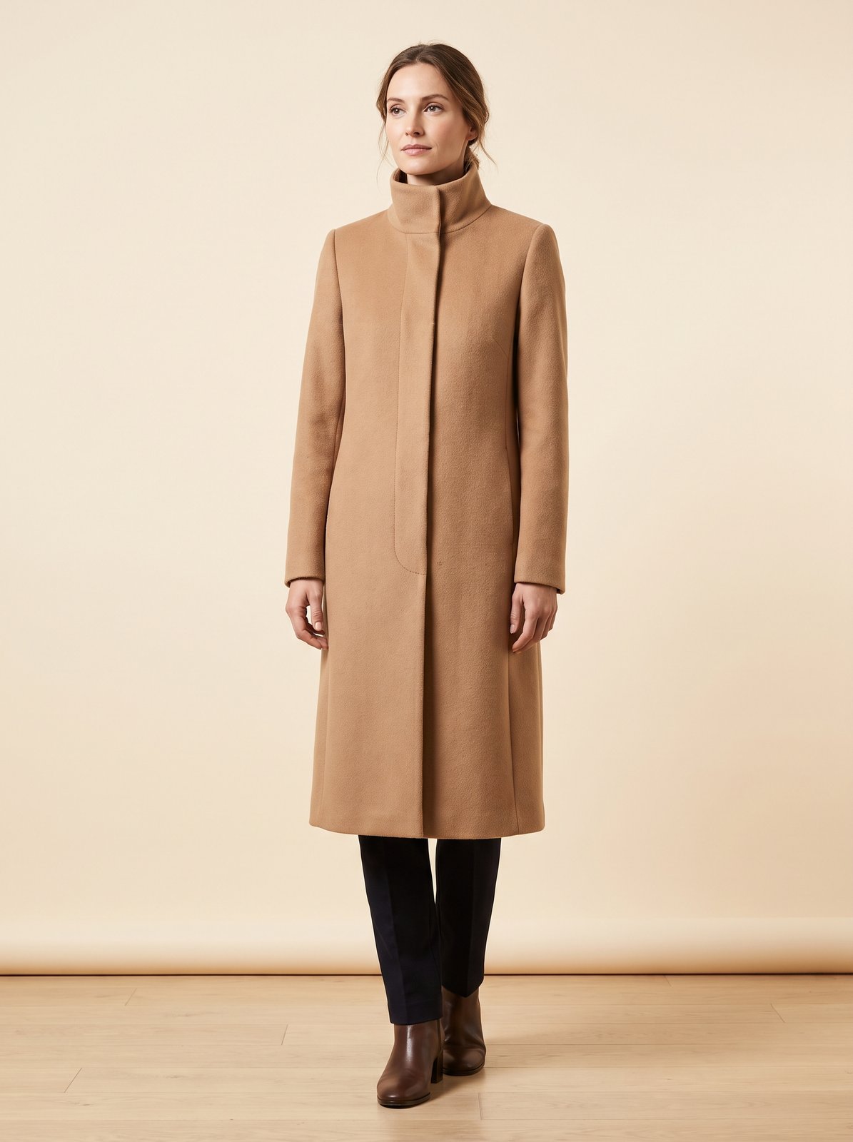 Clara camel funnel neck long winter coat by Lode Lane
