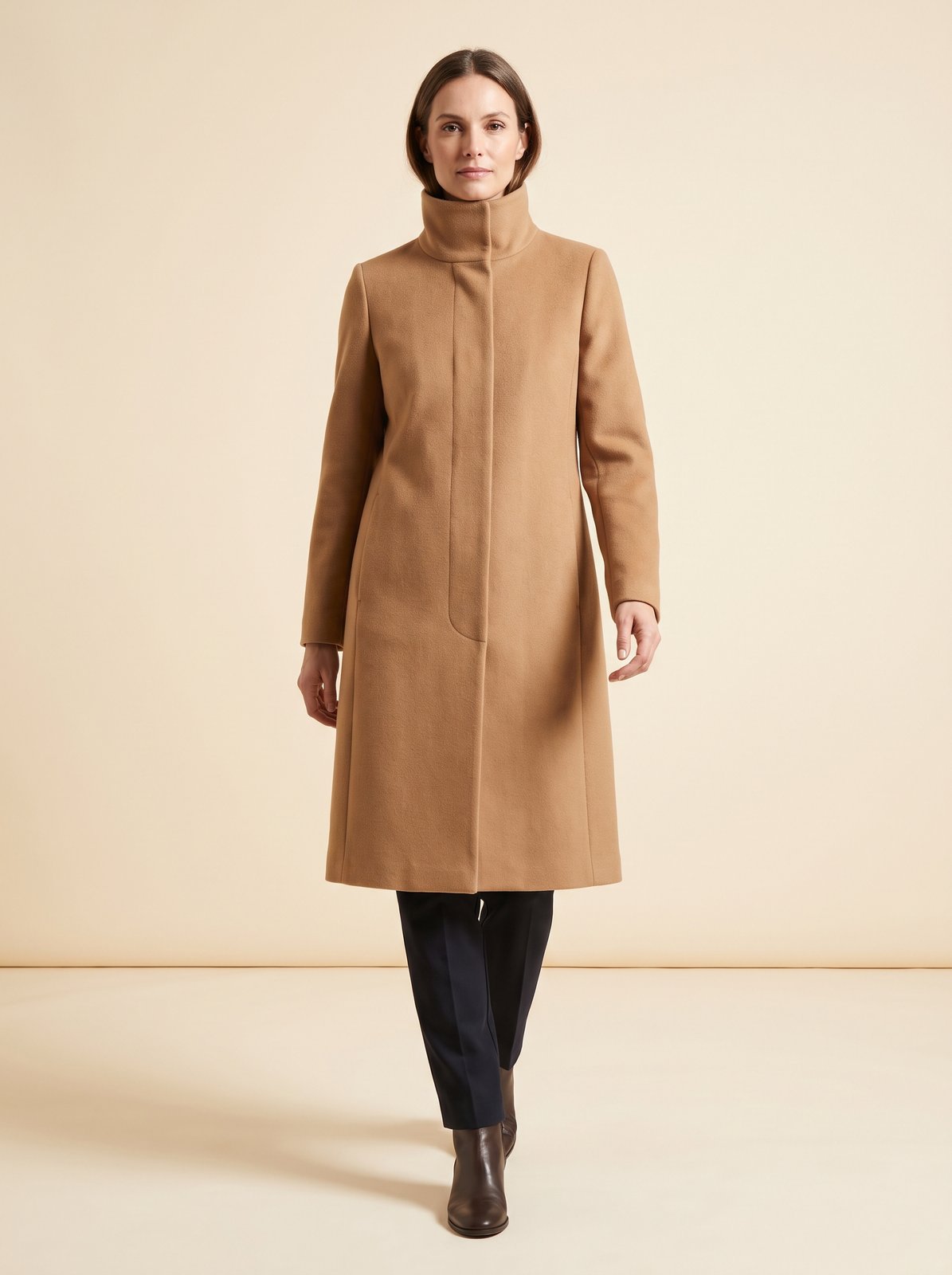 Clara camel funnel neck long winter coat by Lode Lane