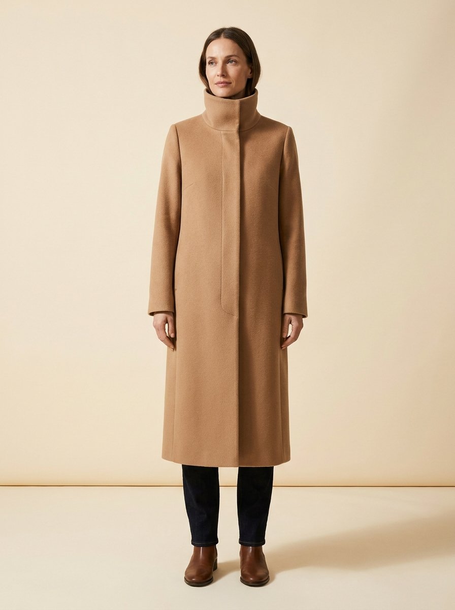 Clara camel funnel neck long winter coat by Lode Lane