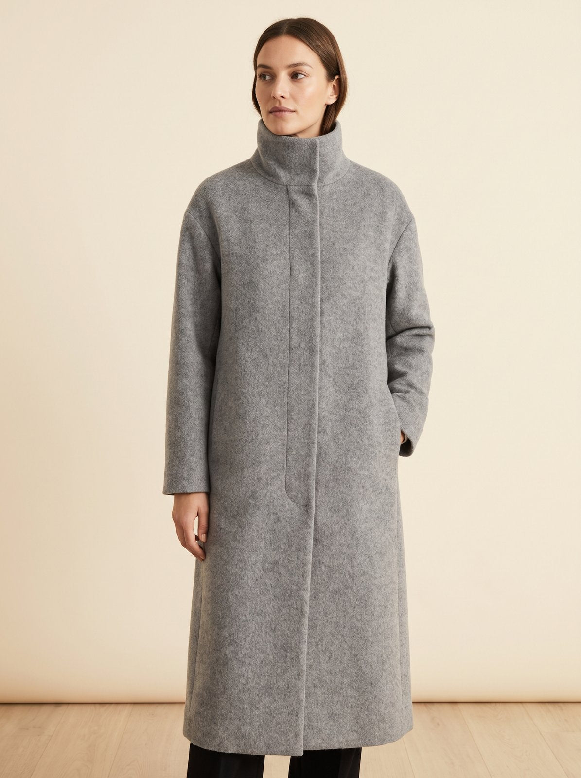 Clara grey funnel neck long winter coat by Lode Lane