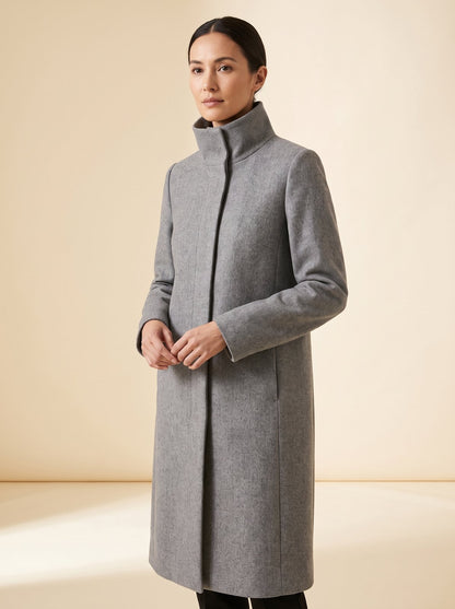 Clara grey funnel neck long winter coat by Lode Lane