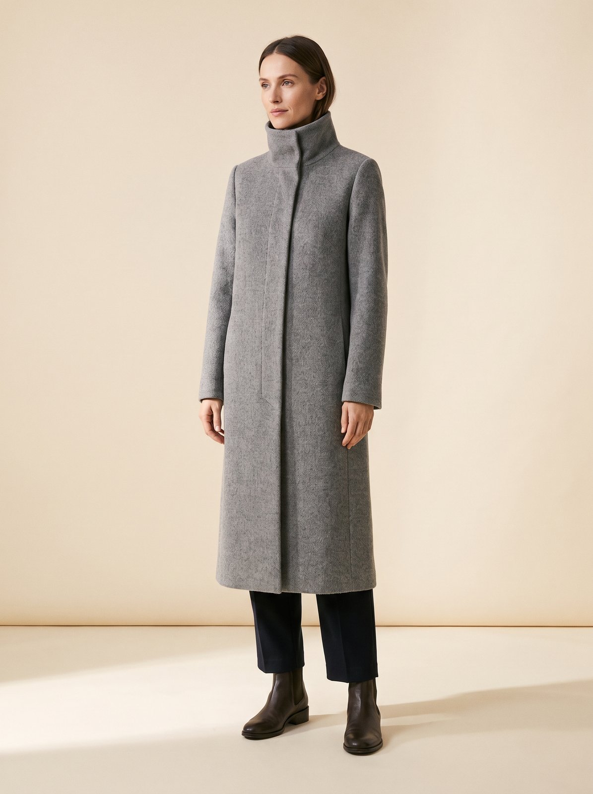 Clara grey funnel neck long winter coat by Lode Lane