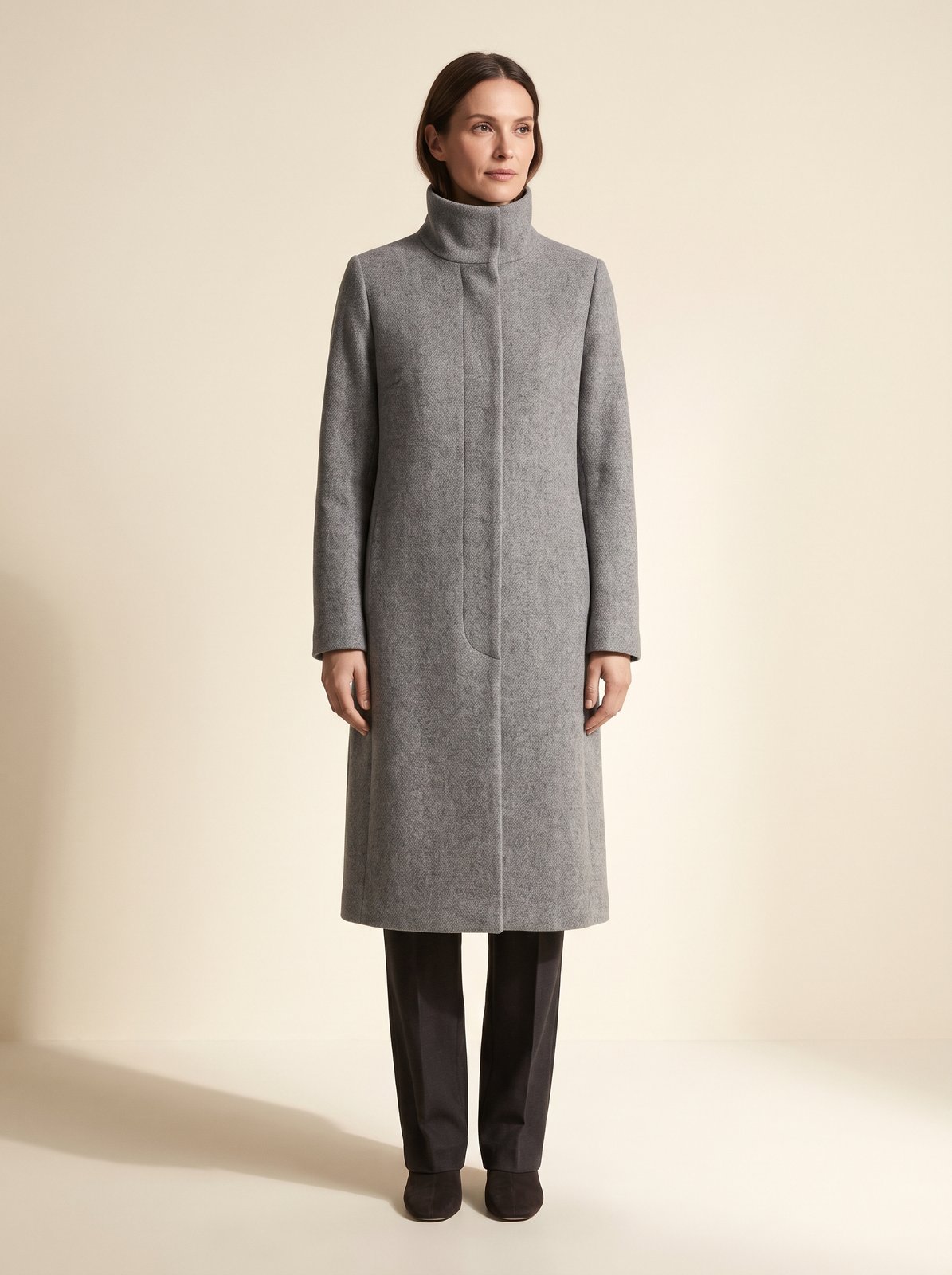 Clara grey funnel neck long winter coat by Lode Lane