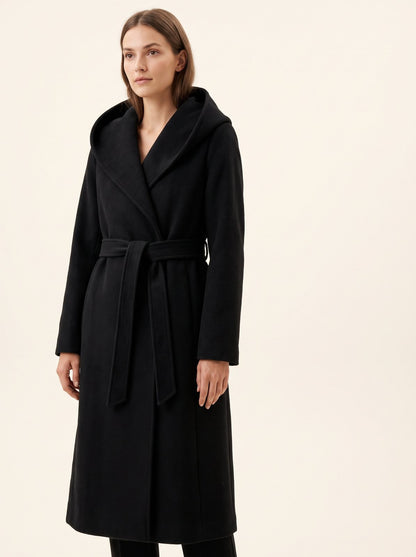 Black hooded belted longline winter coat by The Lode Lane